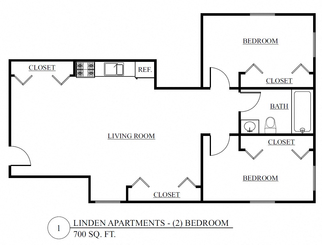 Floor plan for 2 beds, 1 bath, 700 sqft